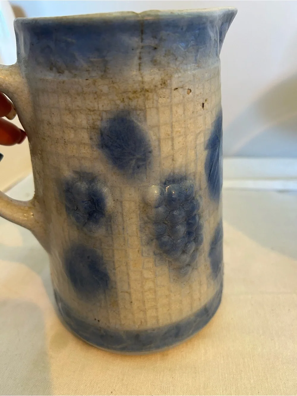 Blue Speckled stoneware figural pitcher